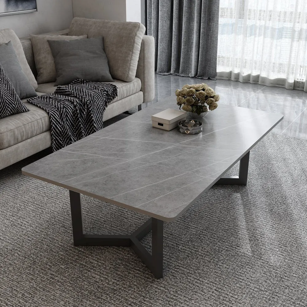 120x60cm Matte White Minimalist Slate Coffee Table | Marble Tea Table | Solid Metal Legs