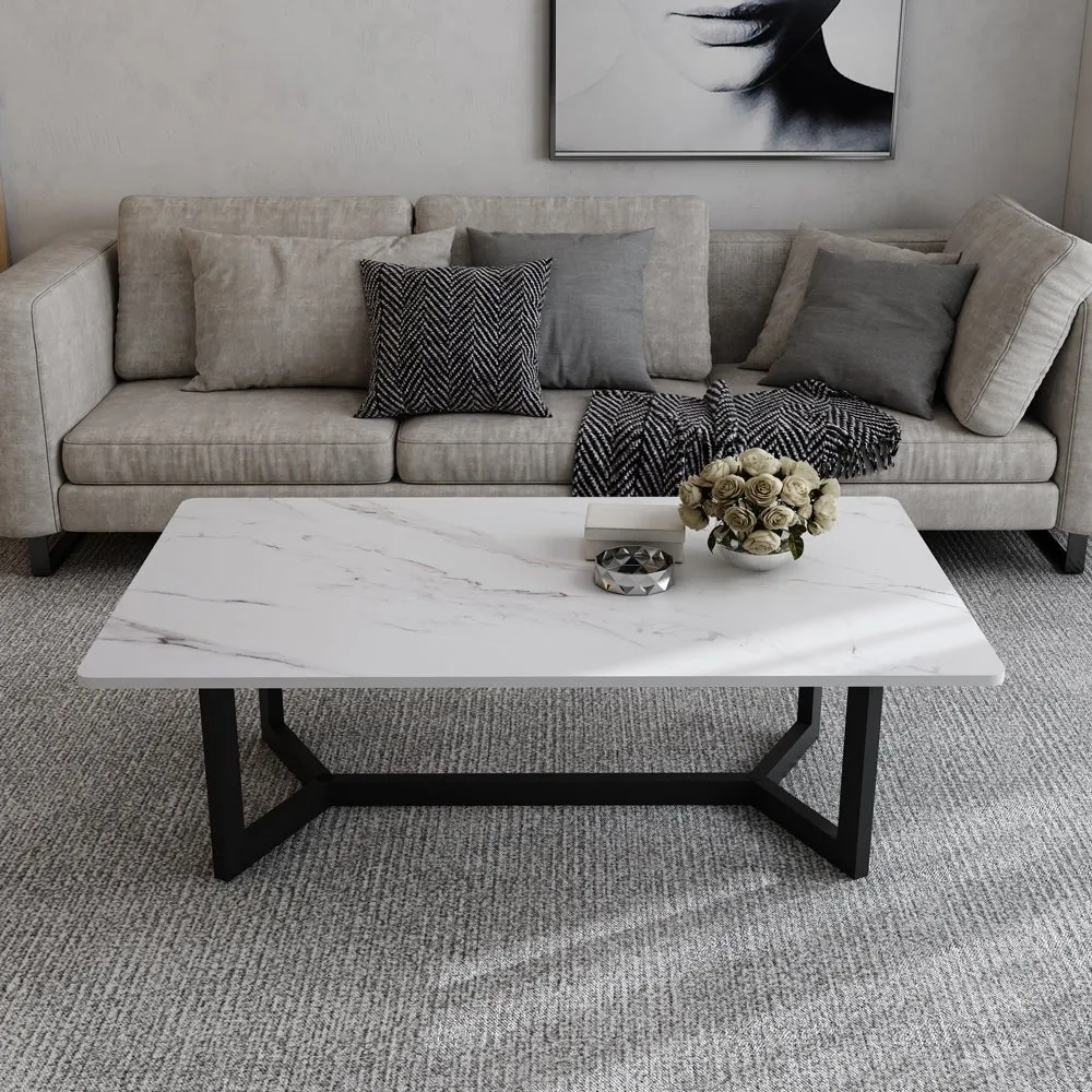 120x60cm Matte White Minimalist Slate Coffee Table | Marble Tea Table | Solid Metal Legs