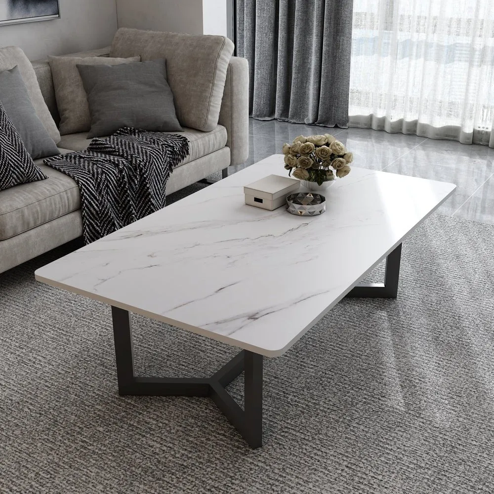 120x60cm Matte White Minimalist Slate Coffee Table | Marble Tea Table | Solid Metal Legs