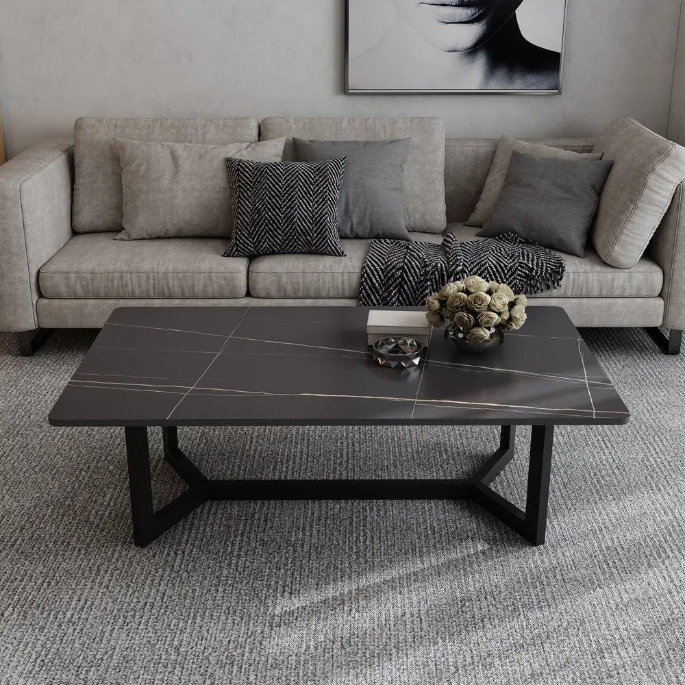 120x60cm Matte White Minimalist Slate Coffee Table | Marble Tea Table | Solid Metal Legs