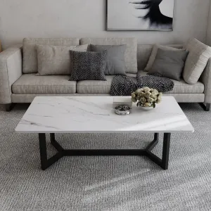 120x60cm Matte White Minimalist Slate Coffee Table | Marble Tea Table | Solid Metal Legs