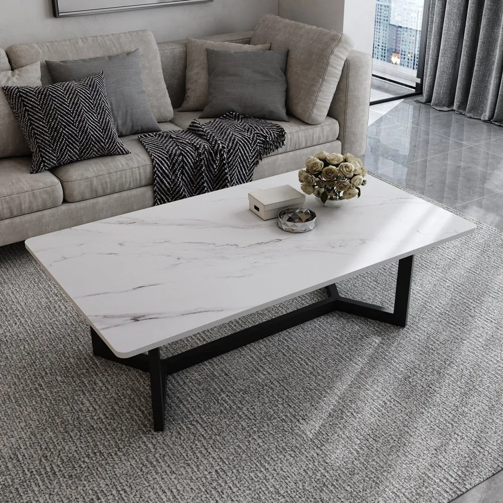 120x60cm Matte White Minimalist Slate Coffee Table | Marble Tea Table | Solid Metal Legs