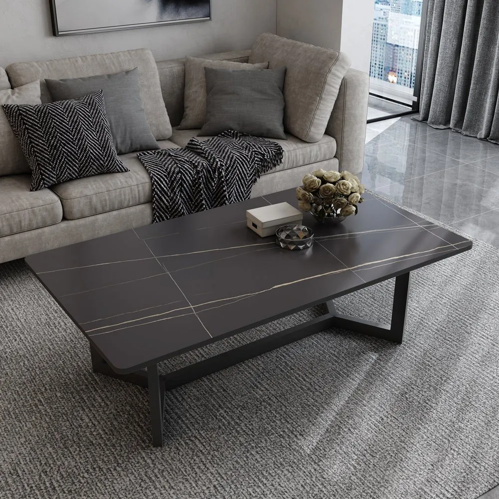 120x60cm Matte White Minimalist Slate Coffee Table | Marble Tea Table | Solid Metal Legs