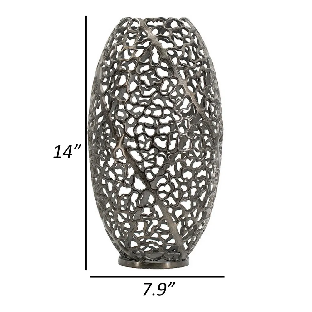 14 Inch Aluminum Accent Vase, Tall Curved Cut Out Design, Intricate Details By Casagear Home