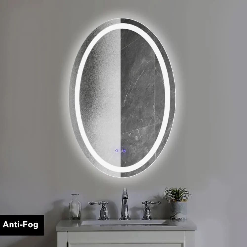 24 x 36 Inch Oval Frameless LED Illuminated Bathroom Mirror, Touch Button Defogger, Metal, Frosted Edge, Silver By The Urban Port
