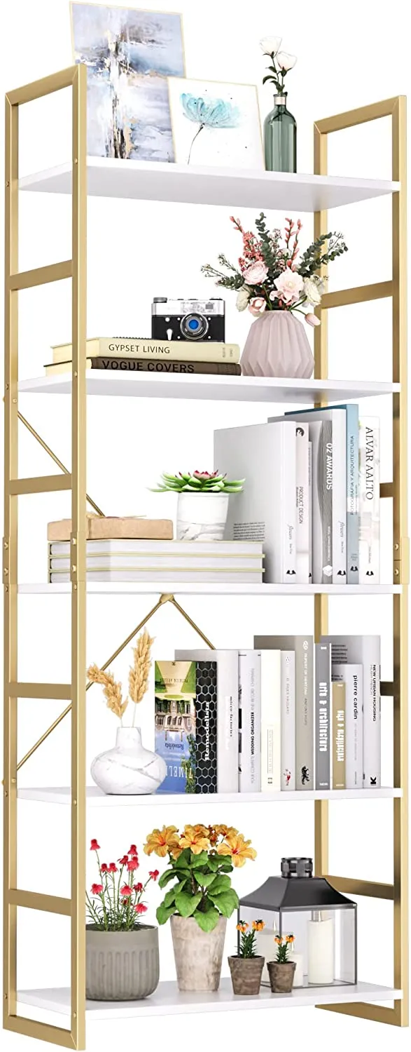 5 Tier Bookshelf, Industrial Gold Bookcase with Metal Frame