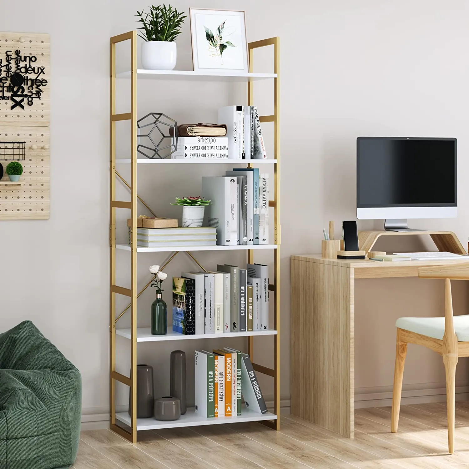 5 Tier Bookshelf, Industrial Gold Bookcase with Metal Frame
