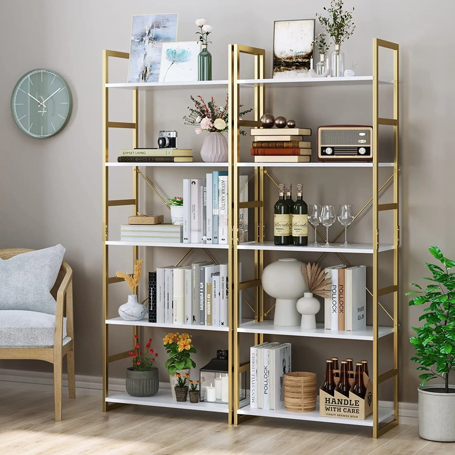 5 Tier Bookshelf, Industrial Gold Bookcase with Metal Frame