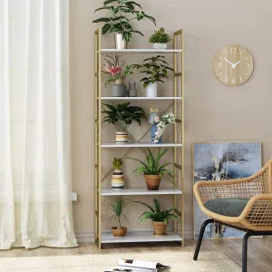 5 Tier Bookshelf, Industrial Gold Bookcase with Metal Frame