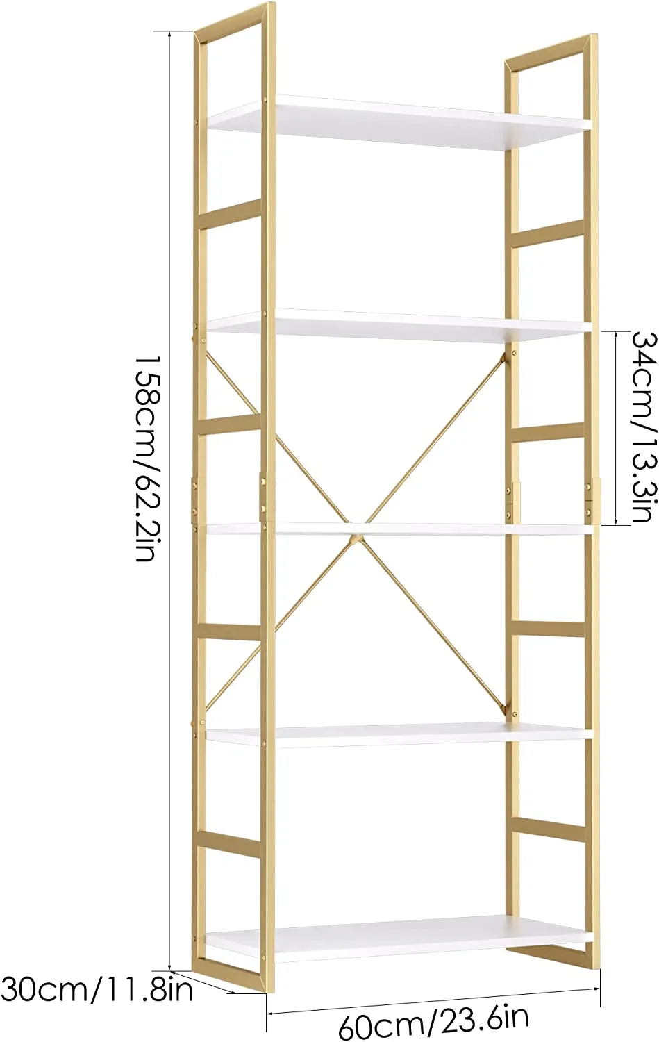 5 Tier Bookshelf, Industrial Gold Bookcase with Metal Frame
