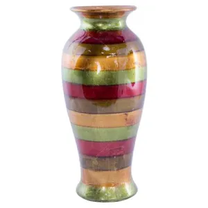 8.75" X 8.75" X 21.25" Green Red Brown Copper Ceramic Striped and Lacquered Vase