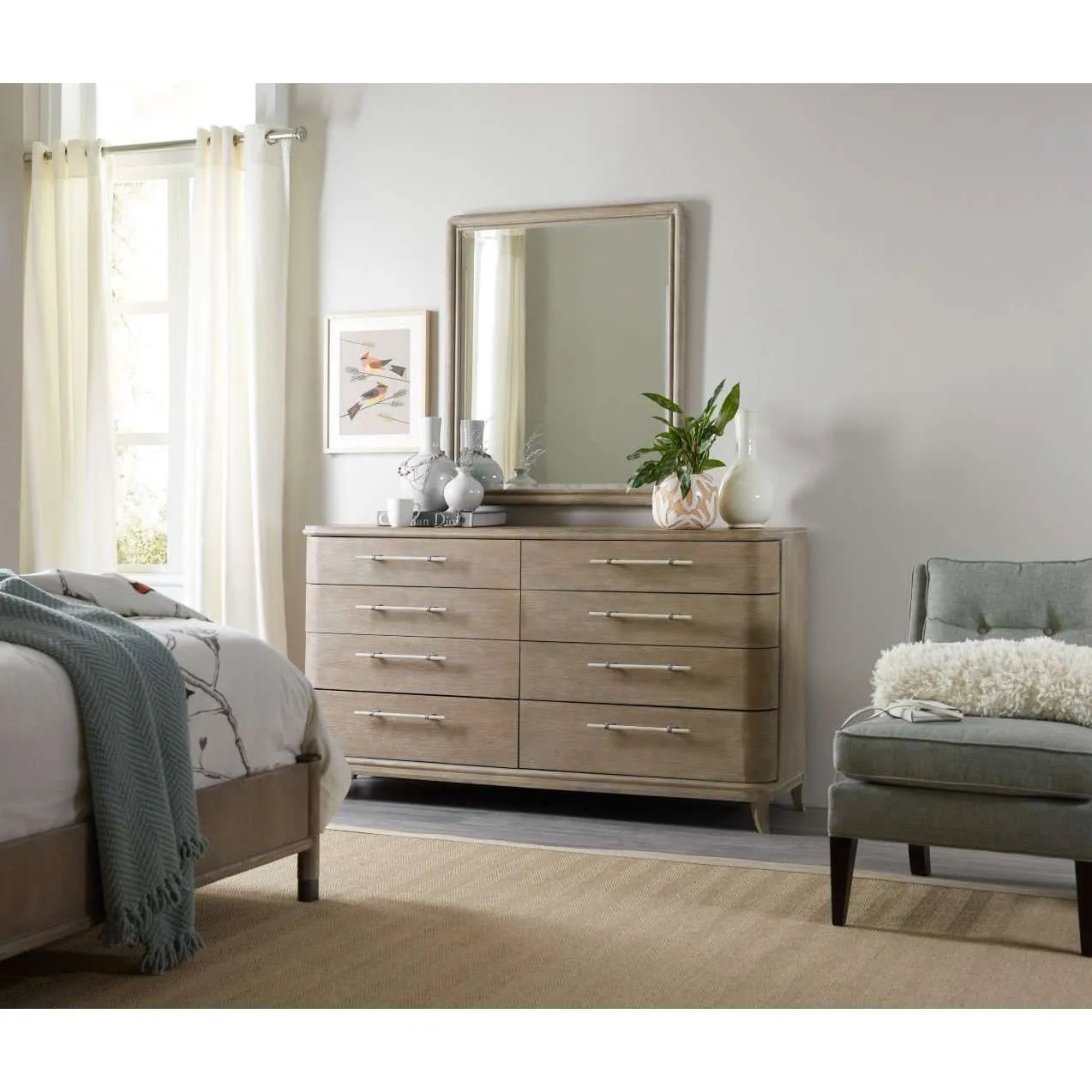 Affinity Transitional Mirror with Rubberwood Solids - Exquisite Beveled Glass & Greige Finish