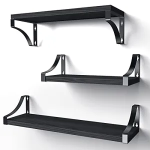 AMADA HOMEFURNISHING Floating Shelves Wall Mounted Set of 3, Rustic Wood Wall Shelves for Bedroom/Bathroom/Living Room/Kitchen/Laundry Room, Storage & Decoration, Black