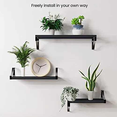 AMADA HOMEFURNISHING Floating Shelves Wall Mounted Set of 3, Rustic Wood Wall Shelves for Bedroom/Bathroom/Living Room/Kitchen/Laundry Room, Storage & Decoration, Black