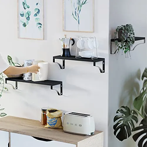 AMADA HOMEFURNISHING Floating Shelves Wall Mounted Set of 3, Rustic Wood Wall Shelves for Bedroom/Bathroom/Living Room/Kitchen/Laundry Room, Storage & Decoration, Black
