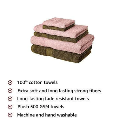 Amazon Brand - Solimo 100% Cotton 6 Piece Towel Set, 500 GSM (Brown and Baby Pink)