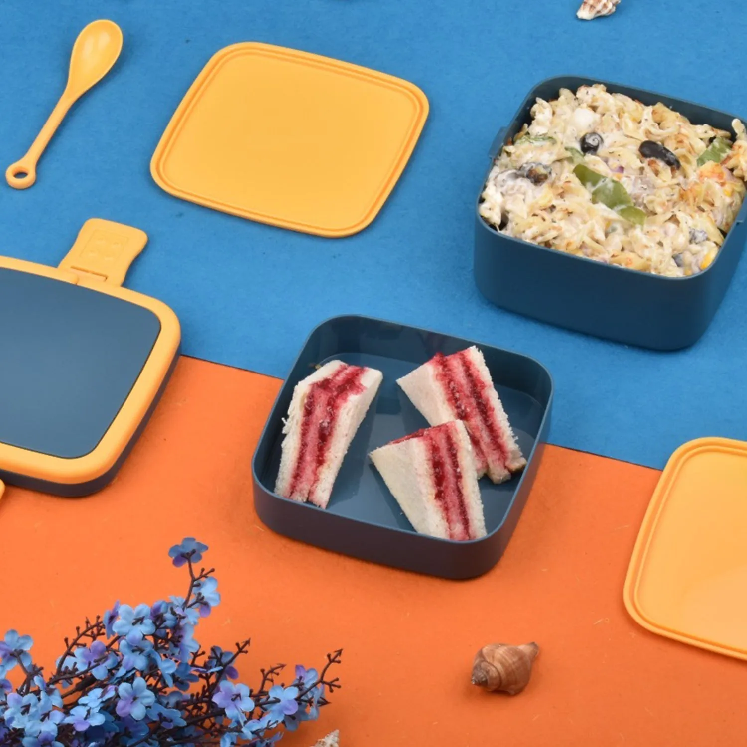 BLUE DOUBLE-LAYER PORTABLE LUNCH BOX STACKABLE WITH CARRYING HANDLE AND SPOON LUNCH BOX , Bento Lunch Box