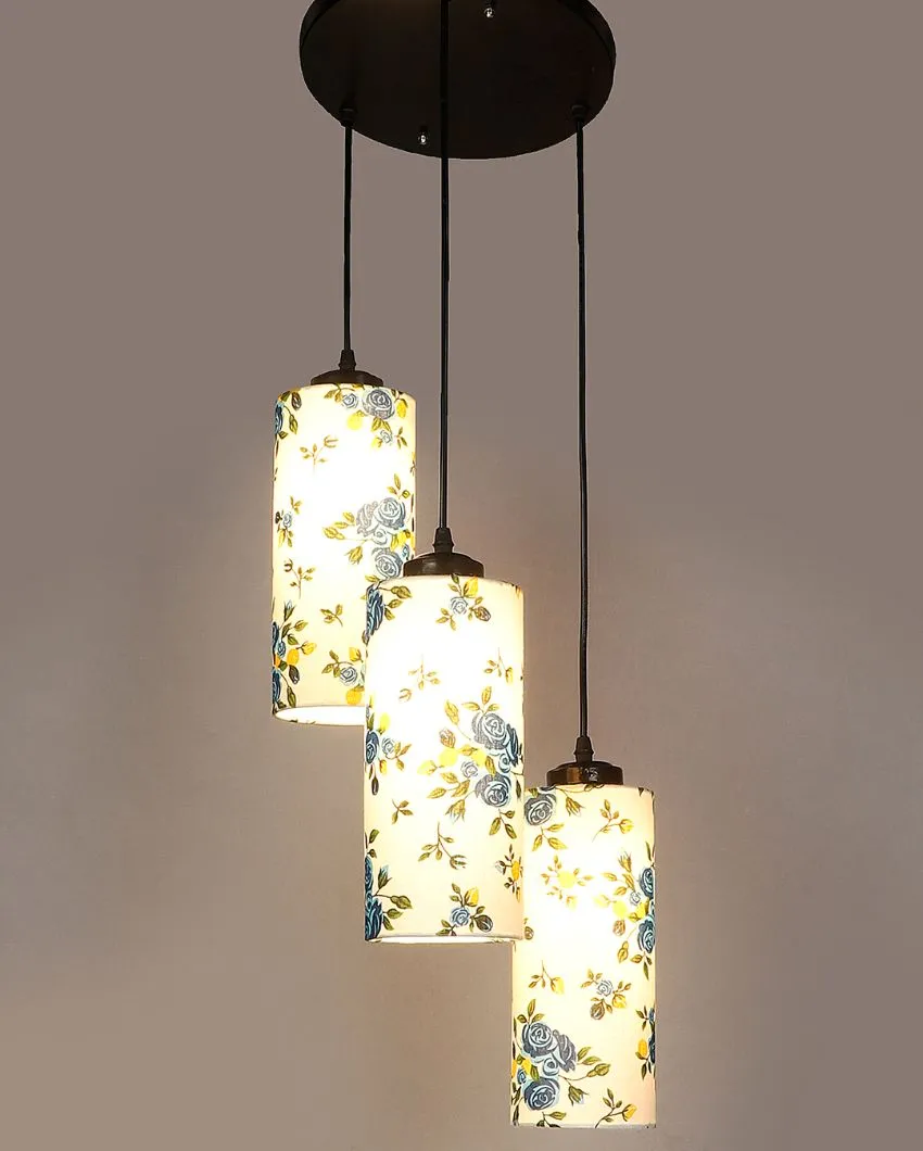 Blue Floral Print Cylindrical Drum Cluster Hanging Lamp