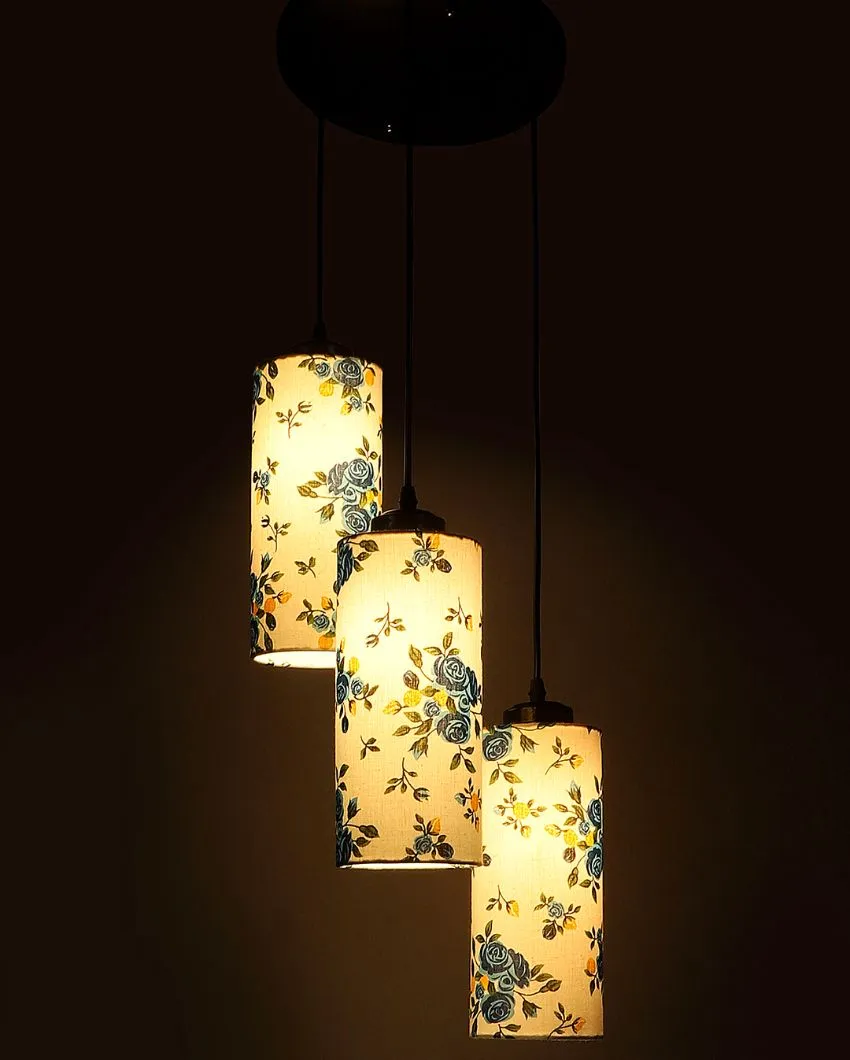Blue Floral Print Cylindrical Drum Cluster Hanging Lamp