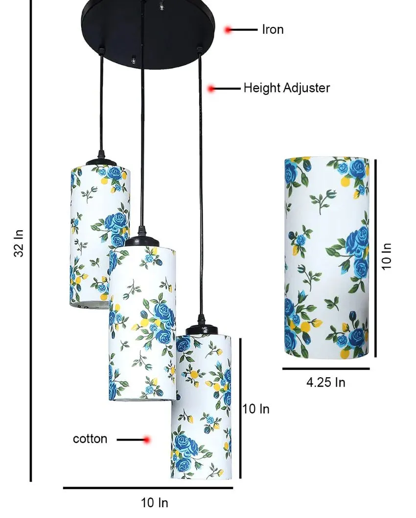 Blue Floral Print Cylindrical Drum Cluster Hanging Lamp
