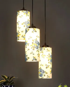 Blue Floral Print Cylindrical Drum Cluster Hanging Lamp