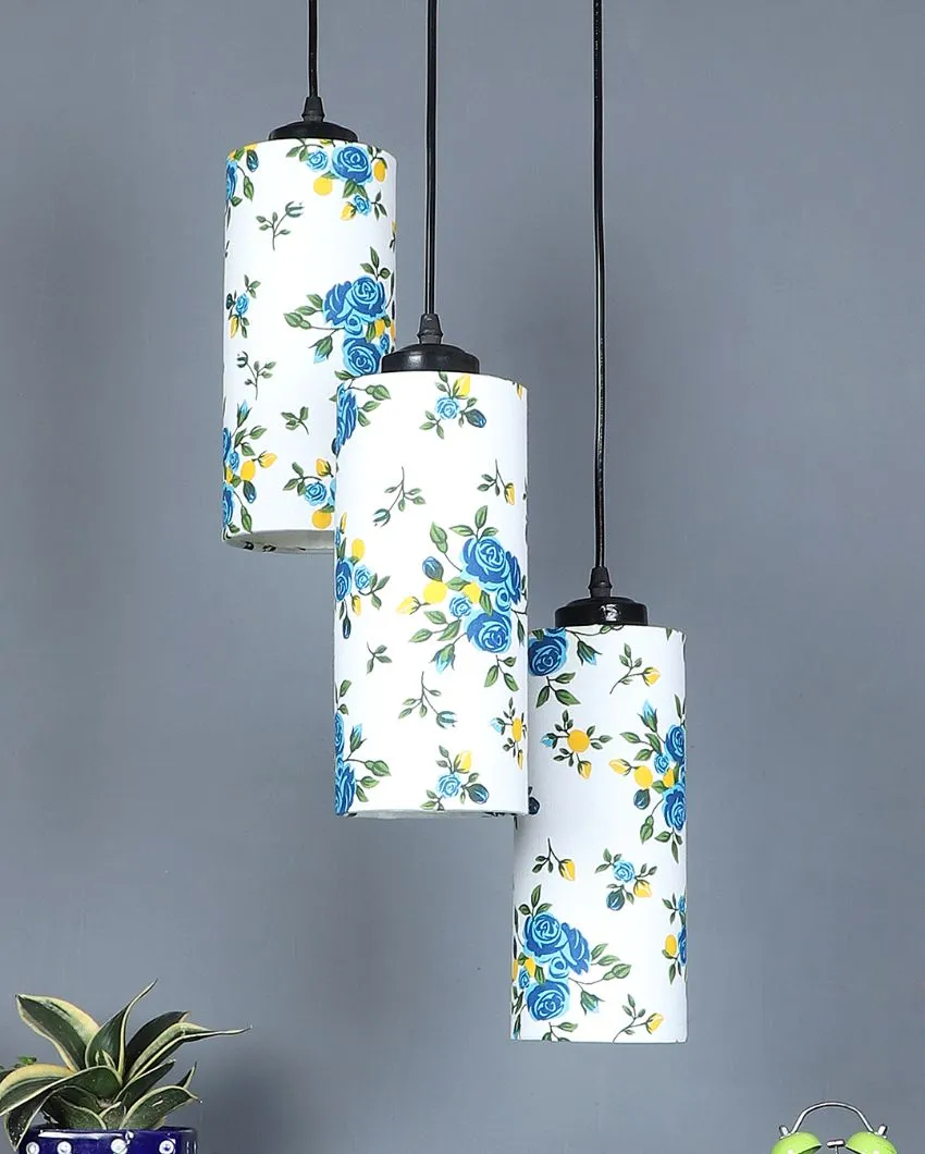 Blue Floral Print Cylindrical Drum Cluster Hanging Lamp