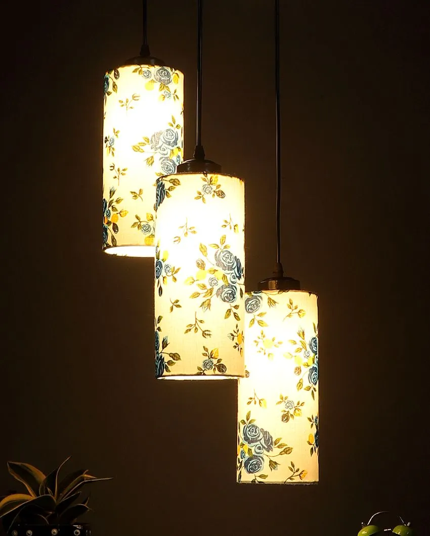 Blue Floral Print Cylindrical Drum Cluster Hanging Lamp