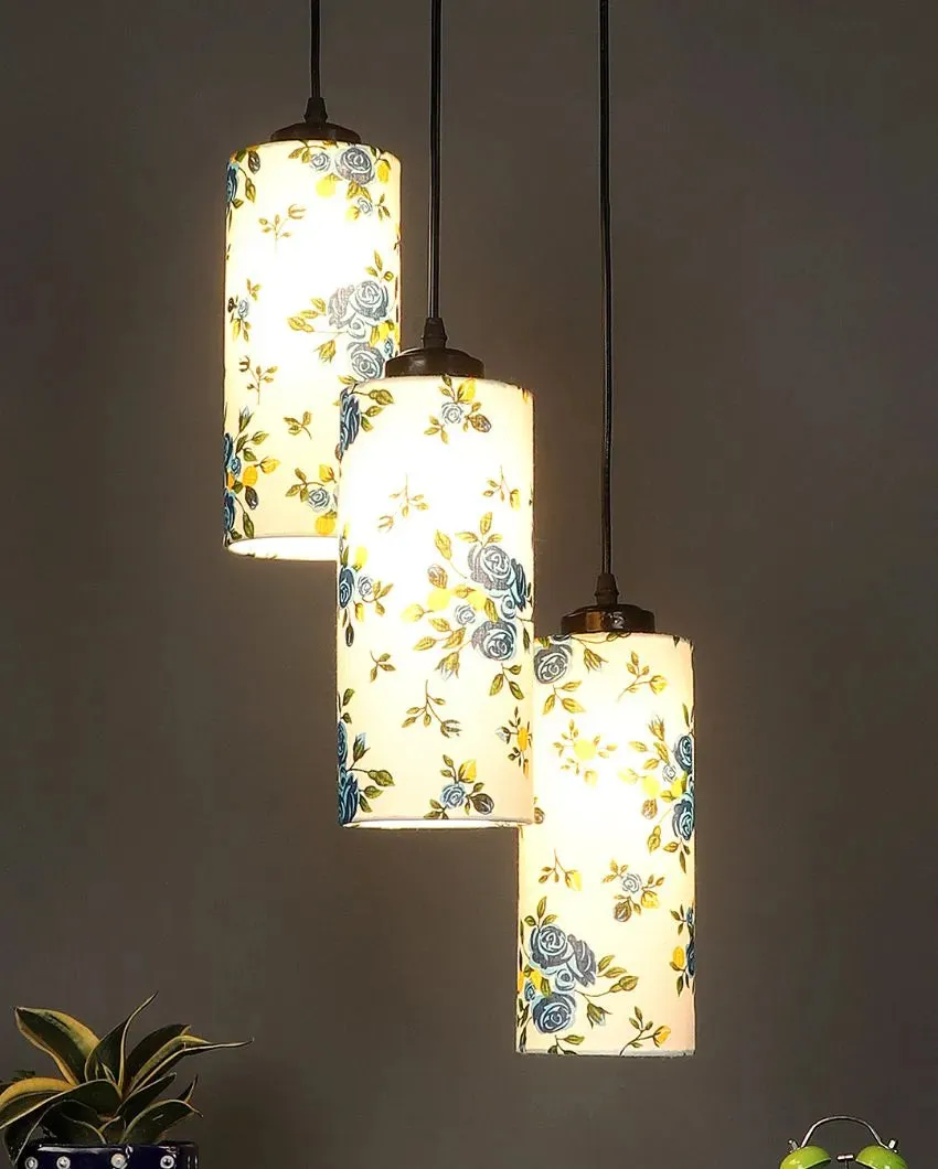 Blue Floral Print Cylindrical Drum Cluster Hanging Lamp