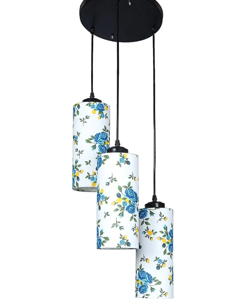 Blue Floral Print Cylindrical Drum Cluster Hanging Lamp