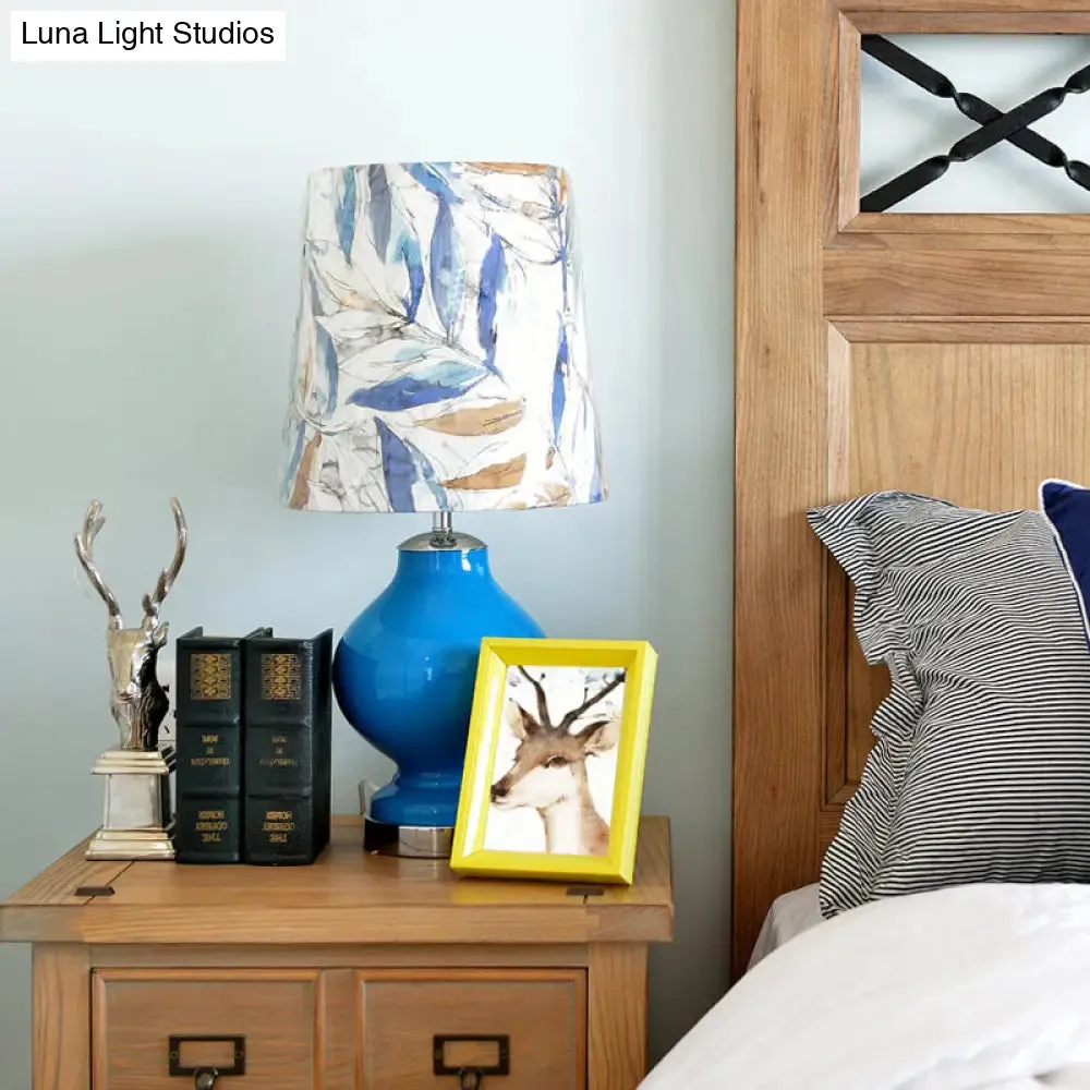 Blue Modern Nightstand Lamp - Stylish Fabric Barrel Design for Bedside