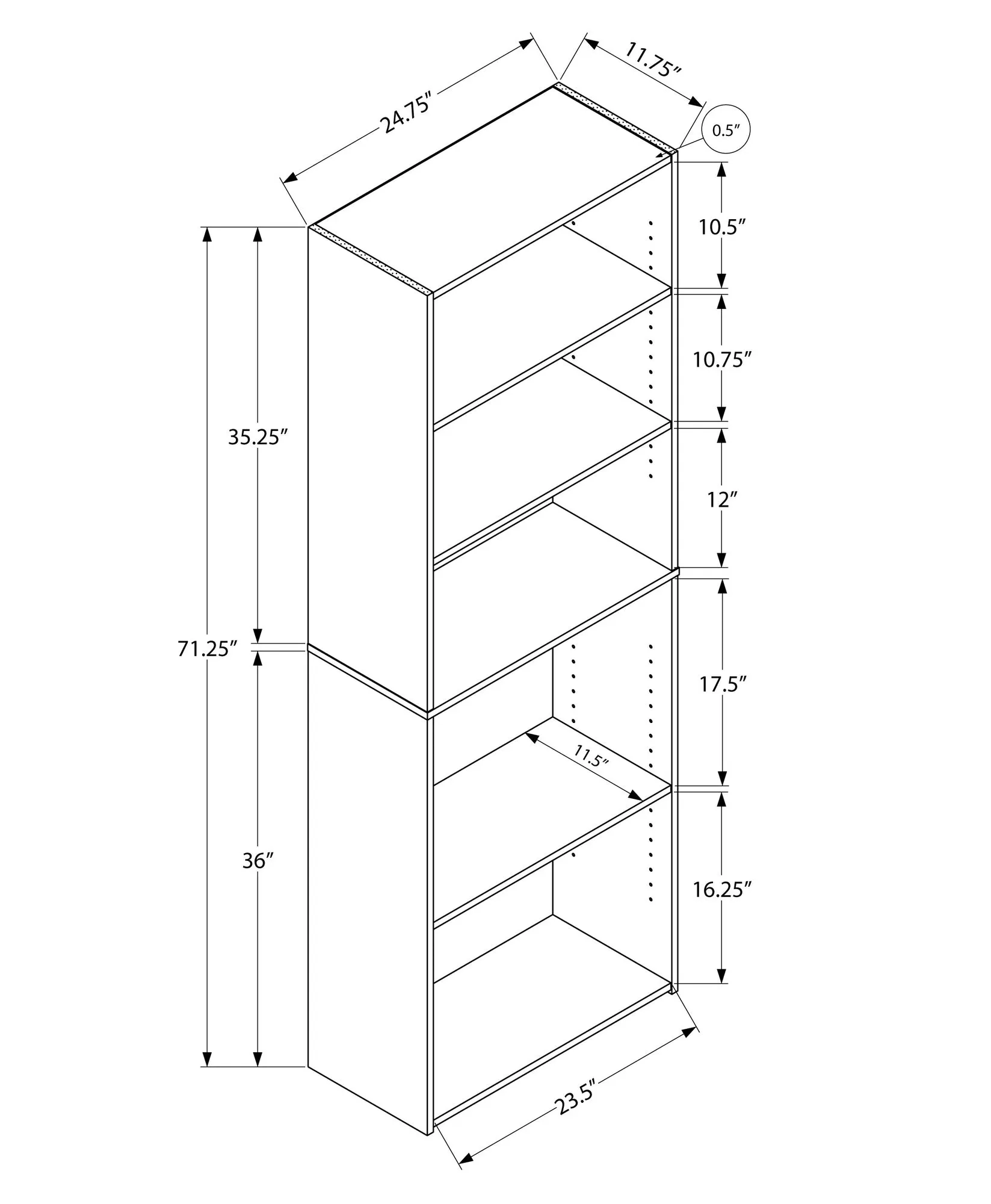 Bookcase - 72"H / Cappuccino With 5 Shelves