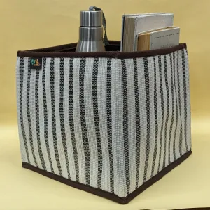 Cassette Tape Brown and White Striped Upcycled Handwoven Collapsible Storage Basket Medium (CSBM0824-010) PS_W