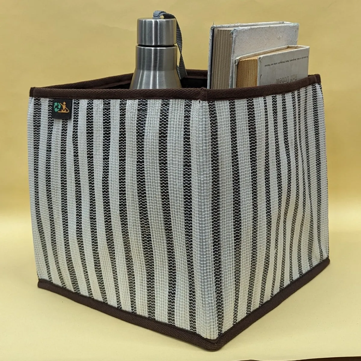 Cassette Tape Brown and White Striped Upcycled Handwoven Collapsible Storage Basket Medium (CSBM0824-010) PS_W