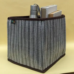 Cassette Tape Brown and White Striped Upcycled Handwoven Collapsible Storage Basket Medium (CSBM0824-020) PS_W