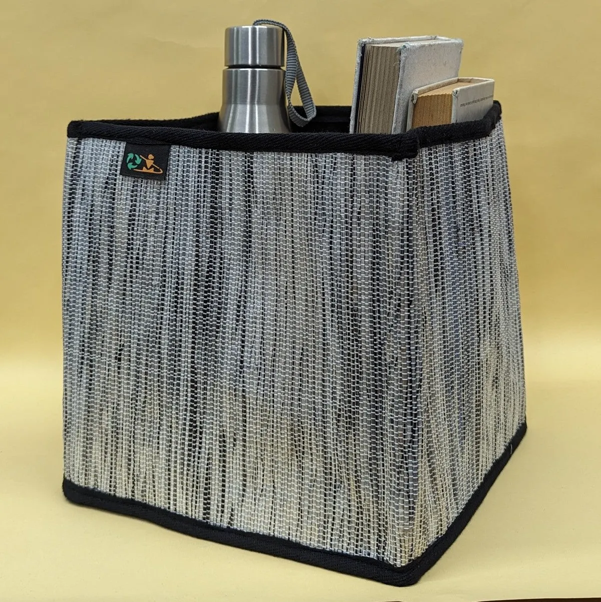 Cassette Tape Brown White Upcycled Handwoven Collapsible Storage Basket Medium (CSBM0824-019) PS_W
