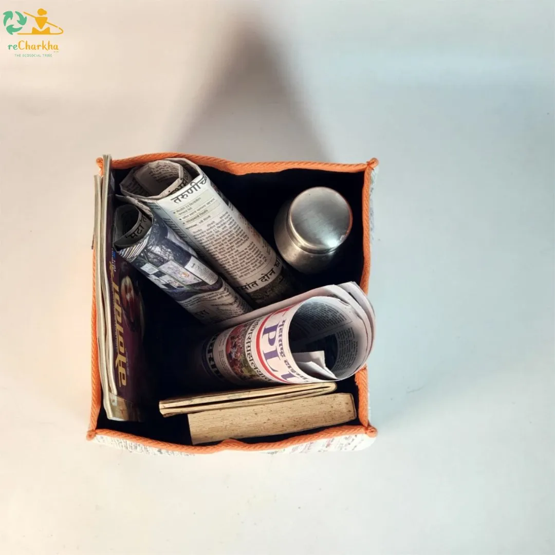 Cassette Tape Brown White Upcycled Handwoven Collapsible Storage Basket Medium (CSBM0824-019) PS_W