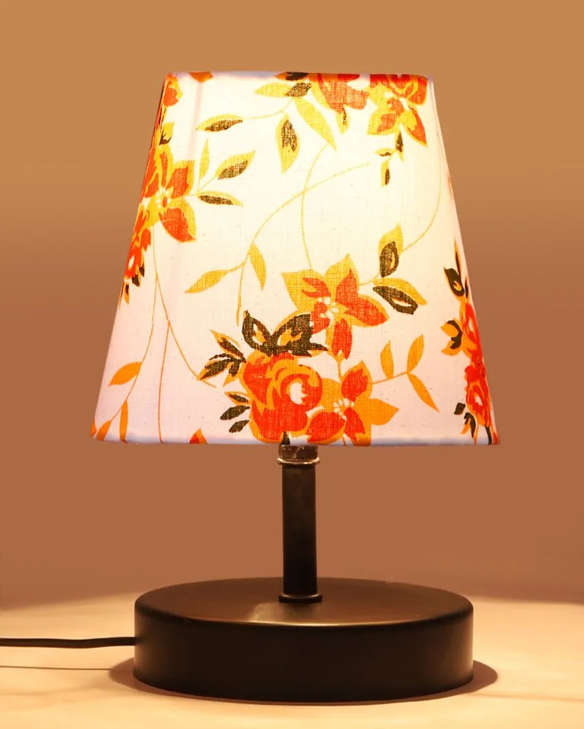 Colorful Flower & Leaf Cotton Round Wooden Black Base Table Lamp | 6 x 8 inches