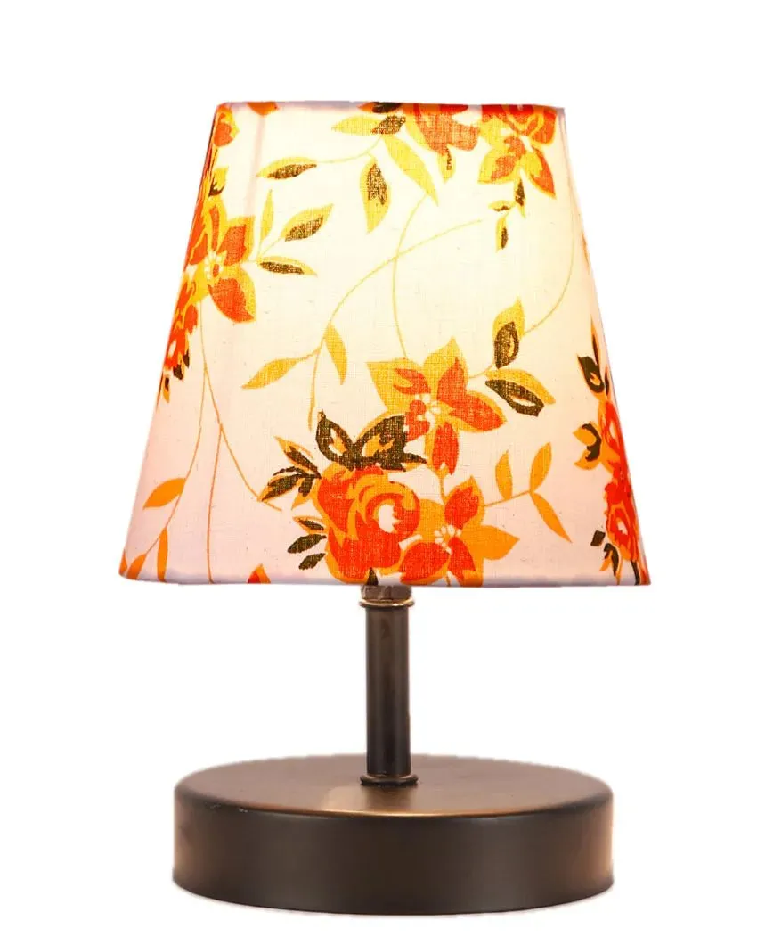 Colorful Flower & Leaf Cotton Round Wooden Black Base Table Lamp | 6 x 8 inches