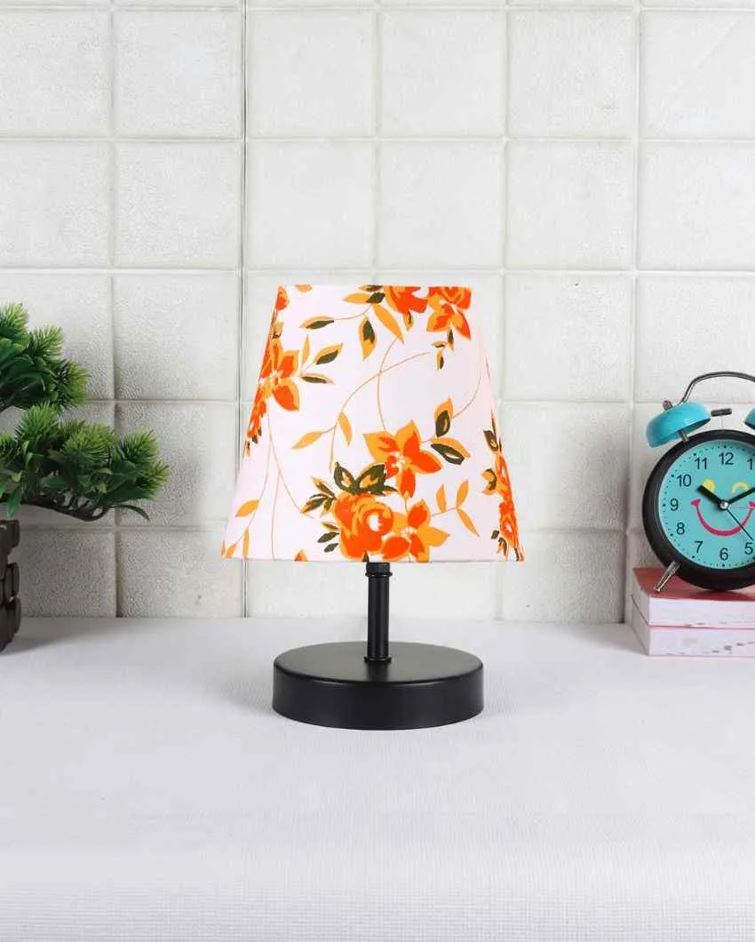 Colorful Flower & Leaf Cotton Round Wooden Black Base Table Lamp | 6 x 8 inches