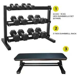 Combo Offer - Hex Dumbbell Set 2.5 Kg to 15 Kg with 3 Tier Rack   Flat Bench A0011