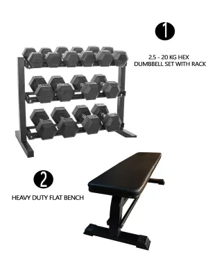 Combo Offer - Hex Dumbbell Set 2.5 Kg to 20 Kg with 3 Tier Dumbbell Rack and Flat Bench