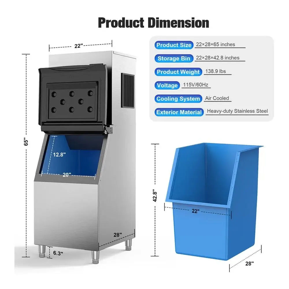 Commercial Air Cooled Ice Maker Machine With Bin, 22'', 110V, 450 lb.