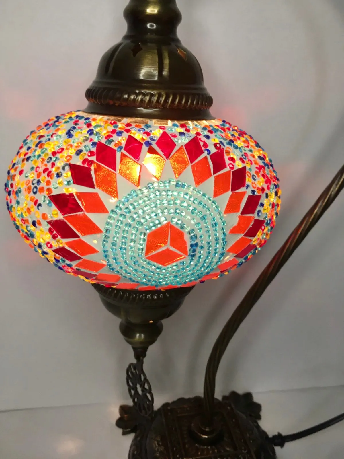 Copper Filigree Authentic Swan Neck Table Lamp - Multicolor Ball & Star