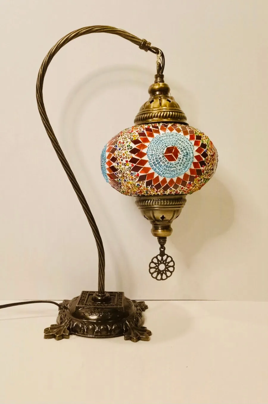 Copper Filigree Authentic Swan Neck Table Lamp - Multicolor Ball & Star