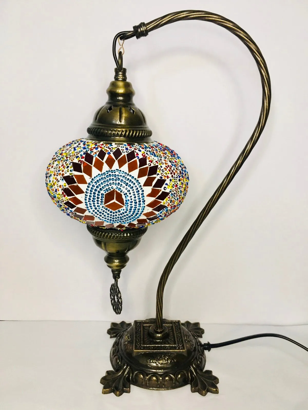 Copper Filigree Authentic Swan Neck Table Lamp - Multicolor Ball & Star