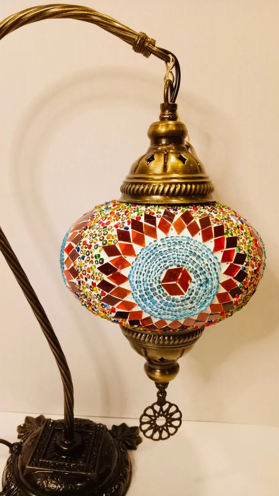 Copper Filigree Authentic Swan Neck Table Lamp - Multicolor Ball & Star