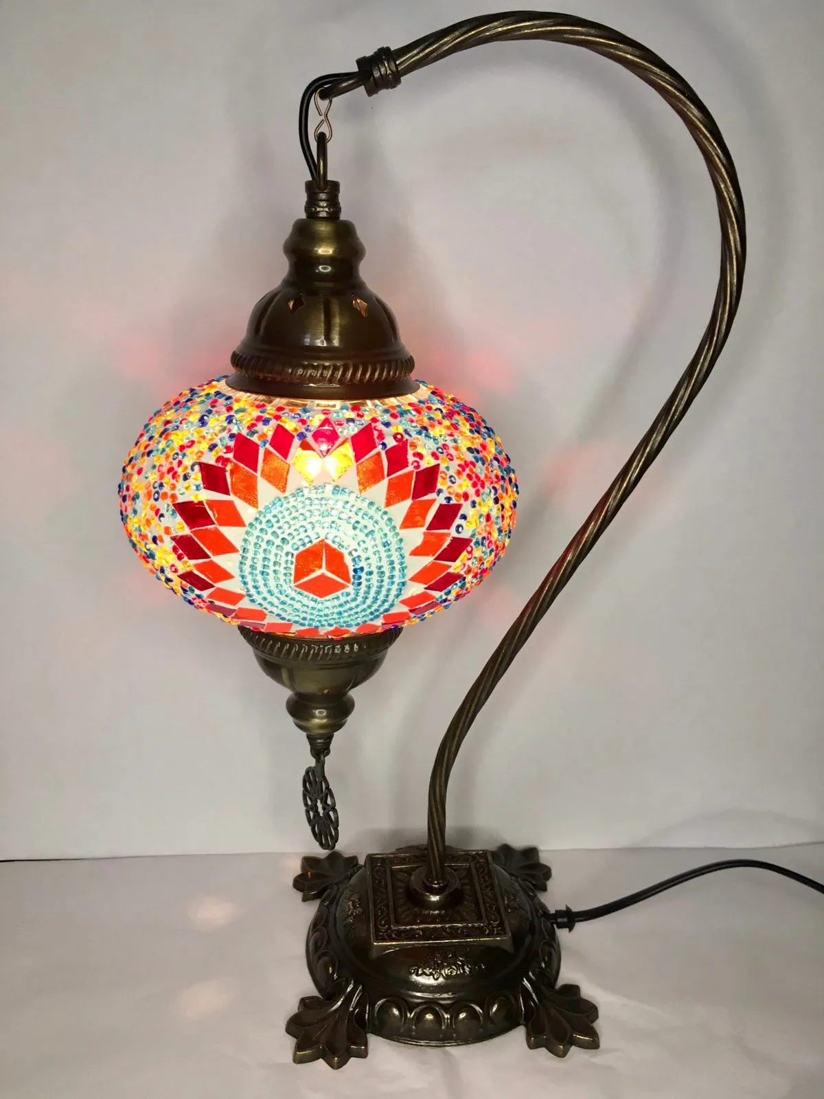 Copper Filigree Authentic Swan Neck Table Lamp - Multicolor Ball & Star