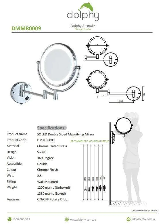 Dolphy 5X LED Magnifying Mirror Wall Mount Chrome
