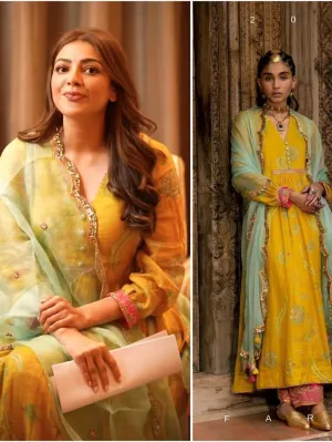 Fariba Lime Yellow Printed Kajal Aggarwal Back Yoke Kurta Set