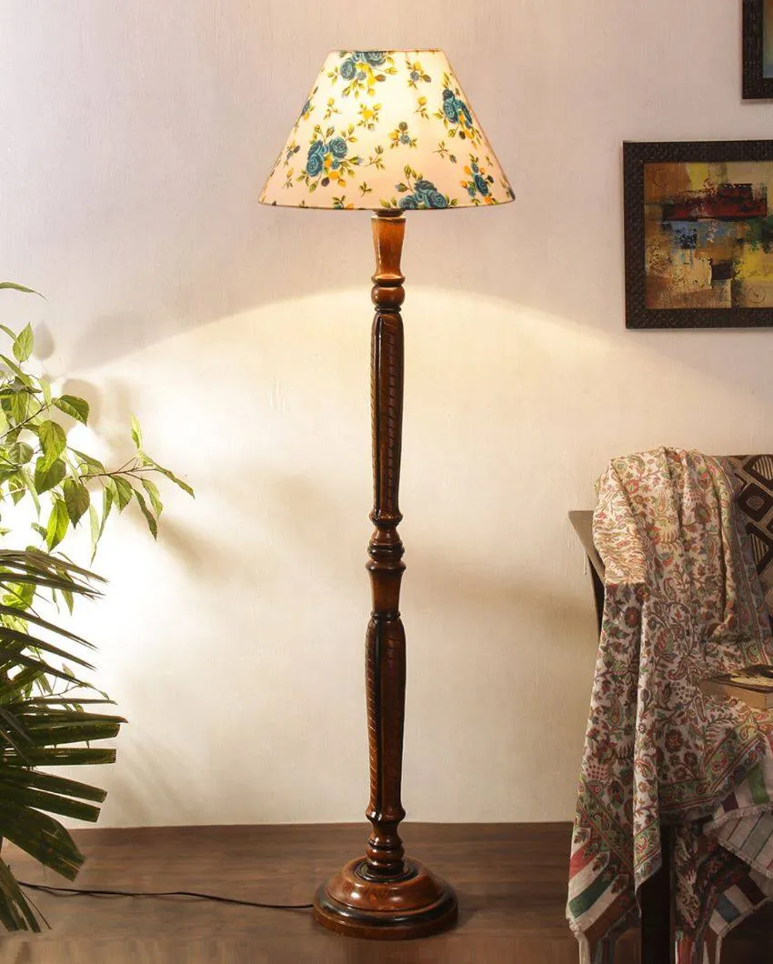 Florals Cotton Conical Wooden Floor Lamp | 14 X 56 inches
